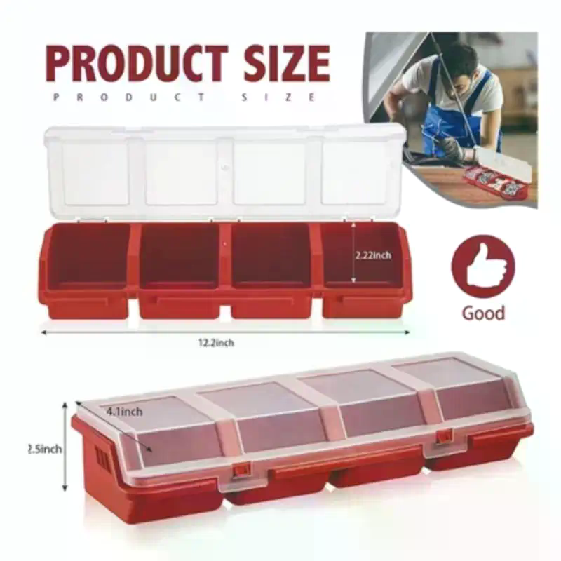 Workshop Tools Organizer - กล่องเก็บสกรูพลาสติก 4 ช่อง พร้อมฝาปิดแน่นหนา สีฟ้า แดง