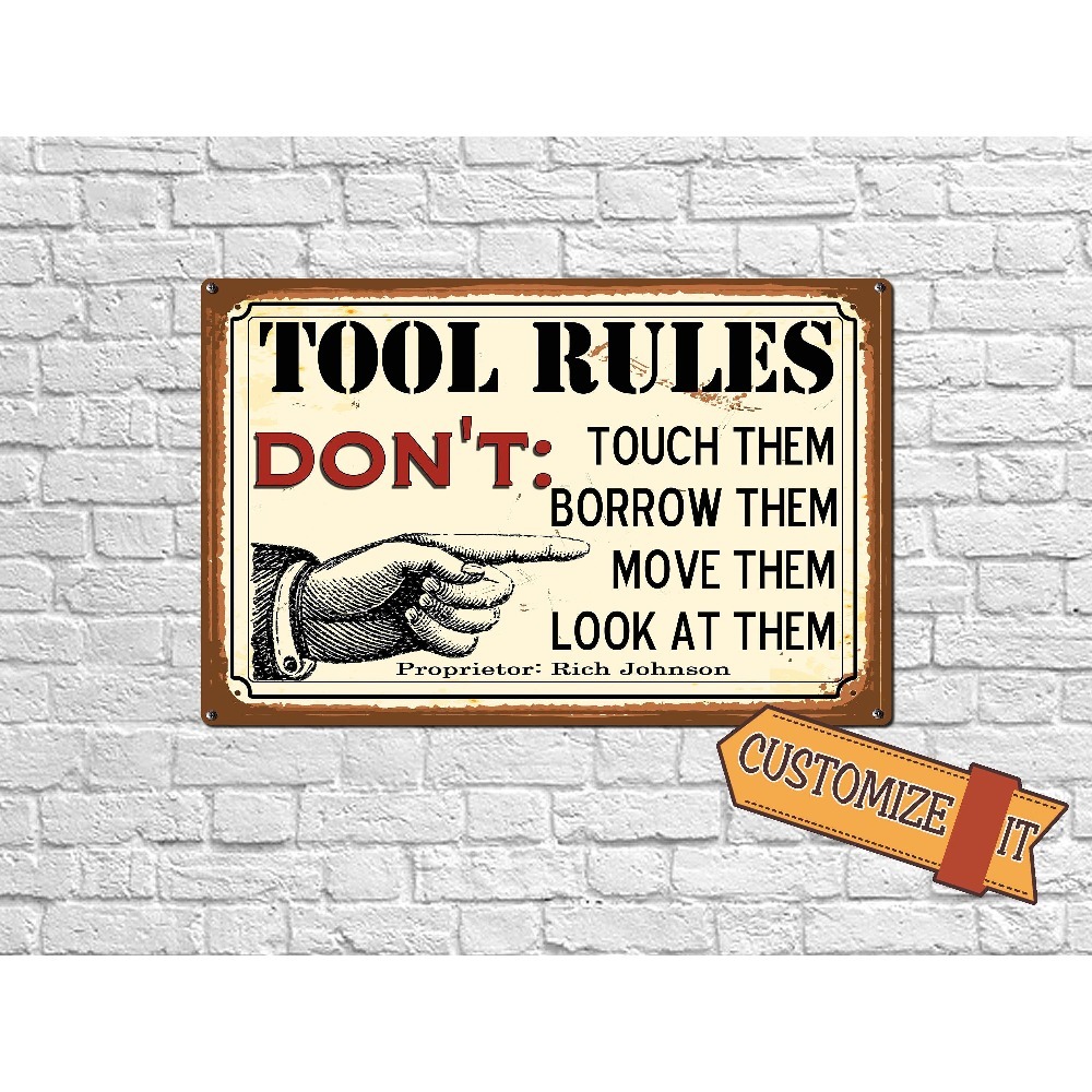 Workshop Tools And Names - ป้ายโลหะกฎเกณฑ์เครื่องมือแบบปรับแต่งได้ 1 ชิ้น, ป้ายชื่อส่วนตัวสไตล์วินเทจสำหรับตกแต่งผนังในห้องทำงาน โรงรถ หรือห้องพักผ่อนส่วนตัว